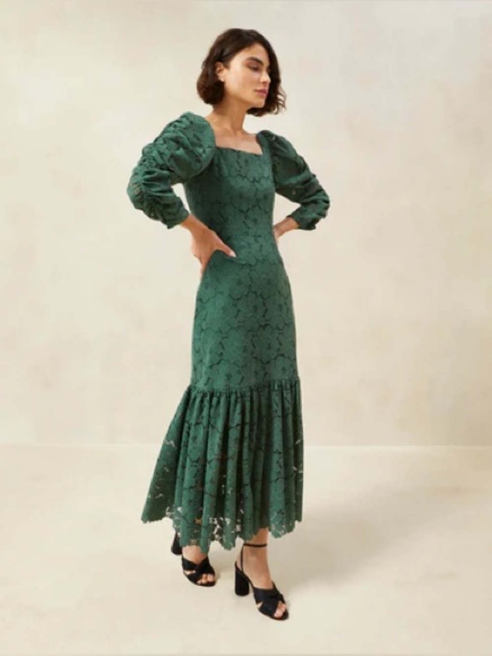 Loeffler Randall Emerald Green Lace Puff-Sleeve Midi Dress